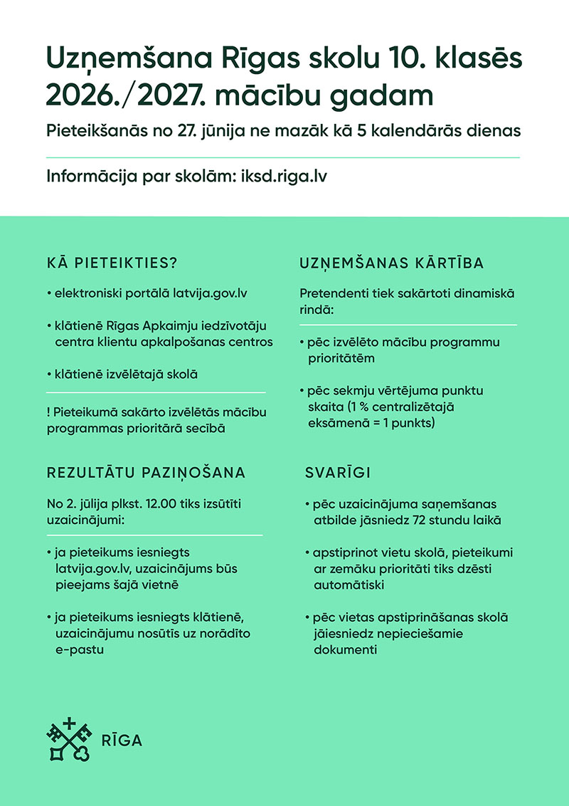 Uzņem&scaron;ana Rīgas skolu 10. klasēs 2026./2027. mācību gadam.